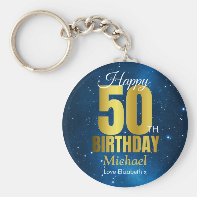 Lycklig 50:e födelsedag blå Guld Nyckelring (Framsidan)