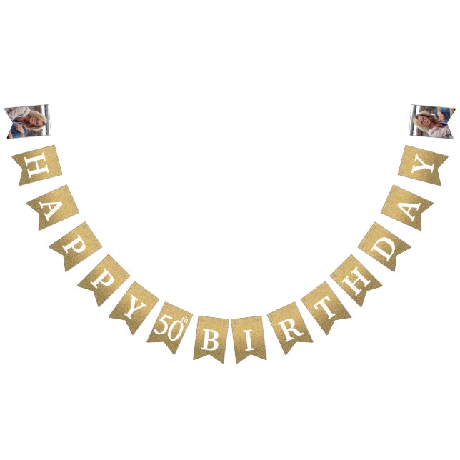 Lycklig 50:e födelsedag Foto Guld Glitter Vimplar (Alla)