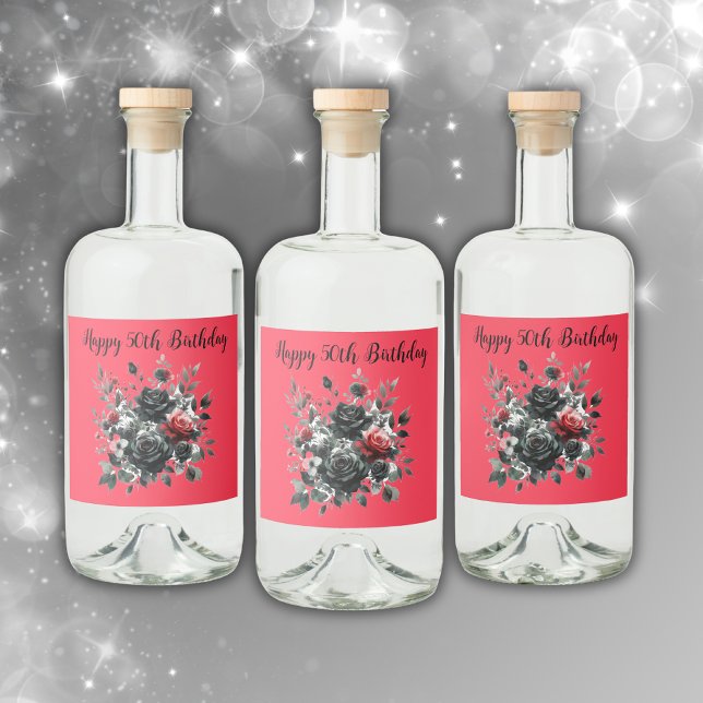 Lycklig 50:e födelsedag Röda och svarta Ro | Spritflaskor Etikett (Skapare uppladdad)
