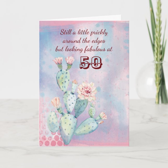 Lycklig 50:e födelsedagen Friend Watercolor Cactus Kort (Framsida)