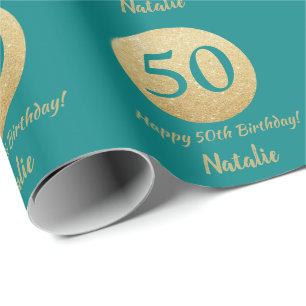 Lycklig 50:e födelsedagen Teal och Guld Glitter Presentpapper