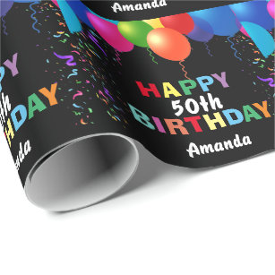 Lycklig 50:e födelsedagsfärgade bubblor, svarta presentpapper