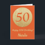 Lycklig 50:e födelsedagskortet Orange och Guld Gli Kort<br><div class="desc">Lycklig 50:e födelsedagskortet Orange och Guld Glitter med personlig namn. Om du vill göra ytterligare anpassningar klickar du på knappen "Anpassa" och användor verktyg som är utformat för att ändra mallen.</div>