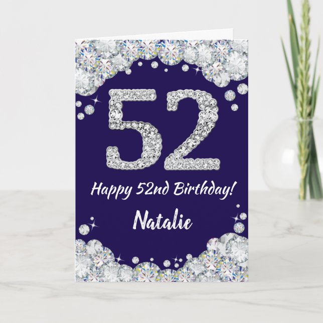 Lycklig 52:a födelsedag blått och Silver Glitter Kort (Framsida)