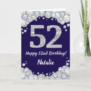 Lycklig 52:a födelsedag blått och Silver Glitter Kort