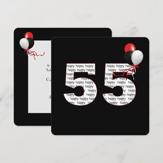 Lycklig 55:e födelsedag på svart inbjudan (Fram/baksida)