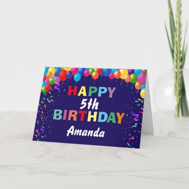 Lycklig 5:e födelsedag: Blått för färgade ballonge Kort (Framsida)