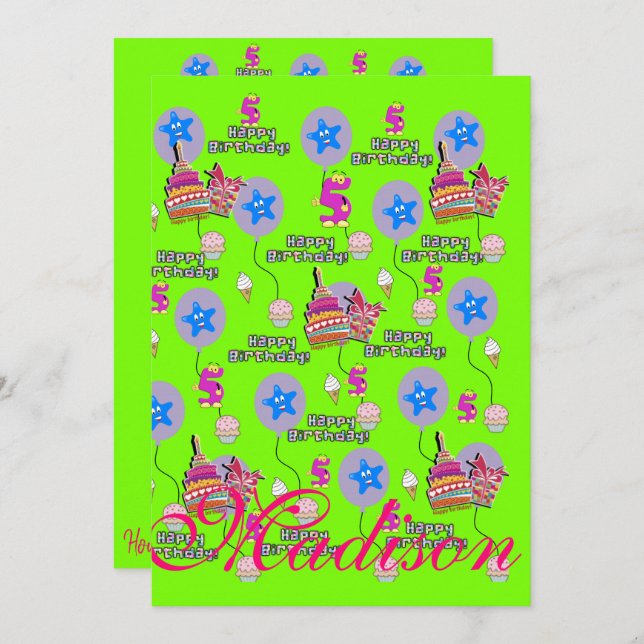 Lycklig 5:e födelsedagsinbjudan födelsedag födelse inbjudningar (Fram/baksida)