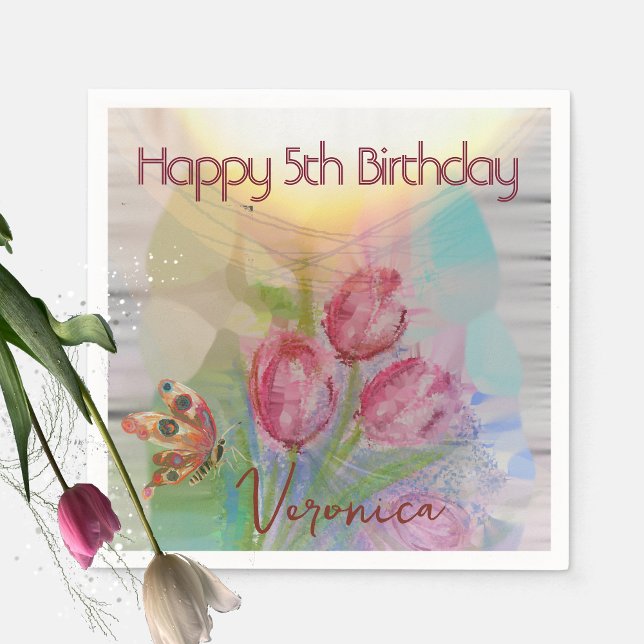 Lycklig 5th Girl Birthday Napkins with Tulips Pappersservett (Happy 5th Girl Birthday Napkins with Tulips)