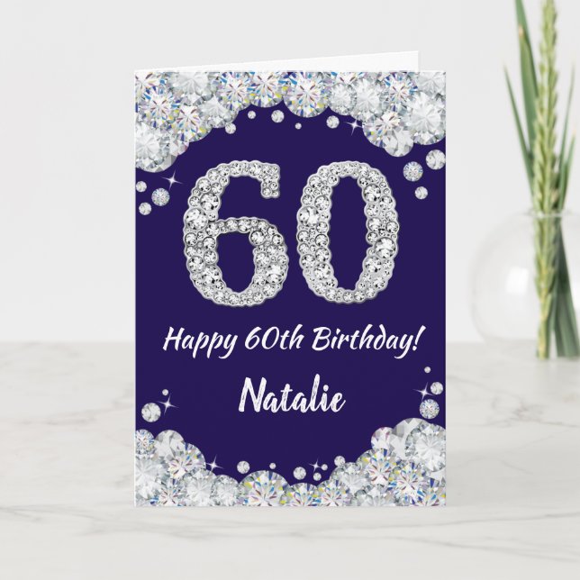 Lycklig 60:e födelsedag Blått och Silver Glitter Kort (Framsida)