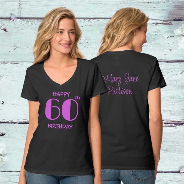 Lycklig 60:e födelsedag Shock rosa Svarta Namn T Shirt (Front And Back)