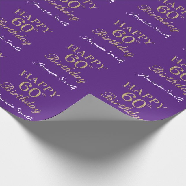 Lycklig 60:e födelsedagen Guld Glitter och Lila Presentpapper (Hörn)