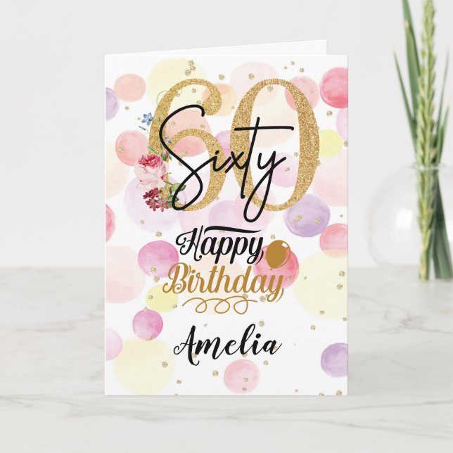 Lycklig 60:e födelsedagen: Pastel Rainbow Guld Wom Kort (Framsida)