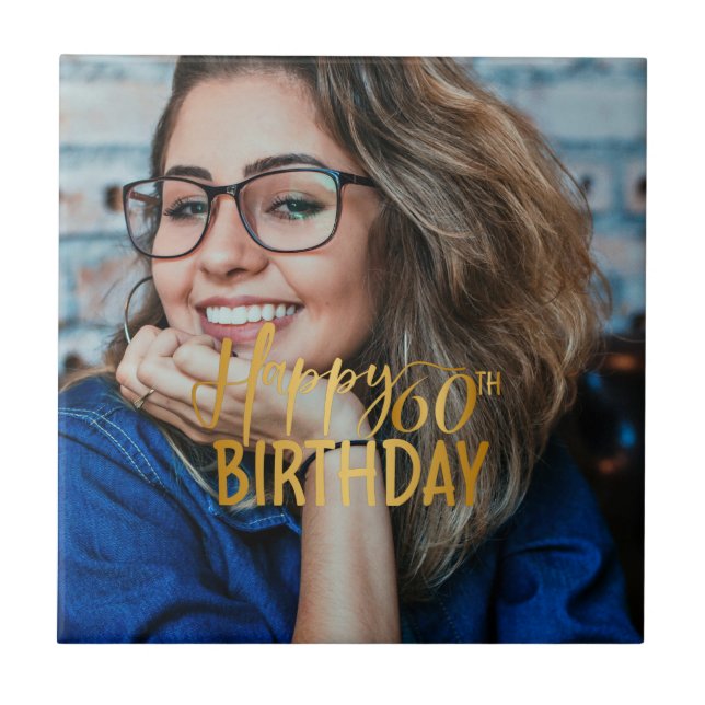 Lycklig 60:e födelsedagsskriptfoto för Personlig a Kakelplatta (Framsidan)