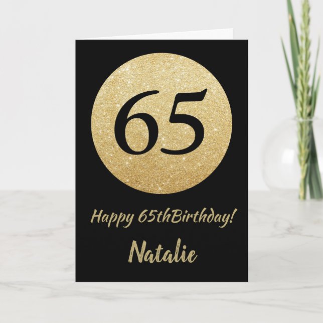 Lycklig 65e Birday Black och Guld Glitter kort (Framsida)
