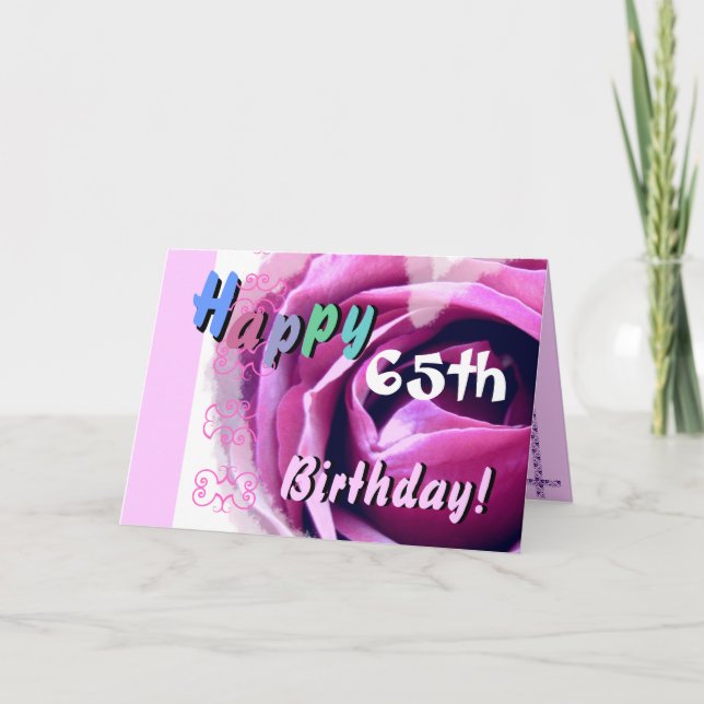 LYCKLIG 65e BIRTHDAY med Rosa ros och blå blomma Kort (Framsida)