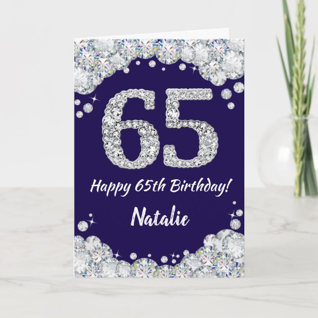 Lycklig 65e Birthday Navy Blue och Silver Glitter Kort (Framsida)