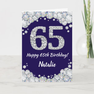 Lycklig 65e Birthday Navy Blue och Silver Glitter Kort