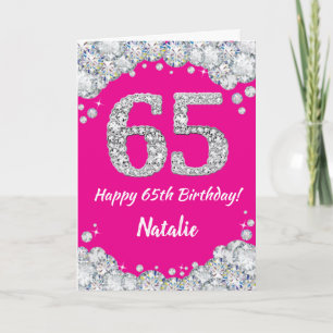 Lycklig 65e Birthday Shock rosa och Silver Glitter Kort