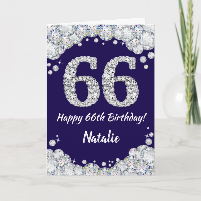 Lycklig 66:e födelsedag Blått och Silver Glitter Kort (Framsida)