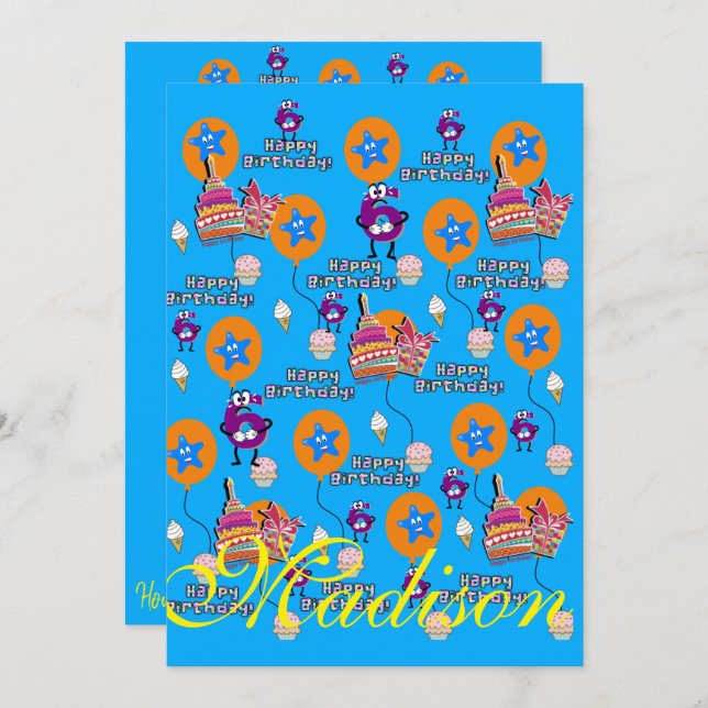 Lycklig 6e födelsedag födelsedag #6 inbjudningar (Fram/baksida)