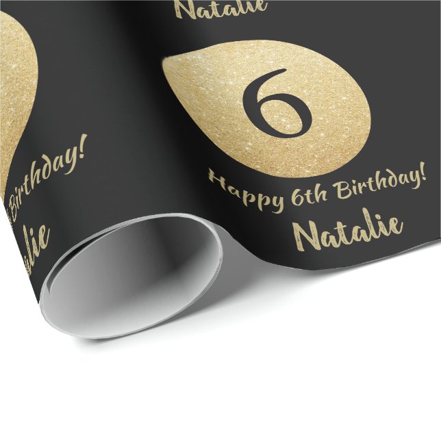 Lycklig, 6e, födelsedag, Svarta havet och Guld, Gl Presentpapper (Rullad Hörn)