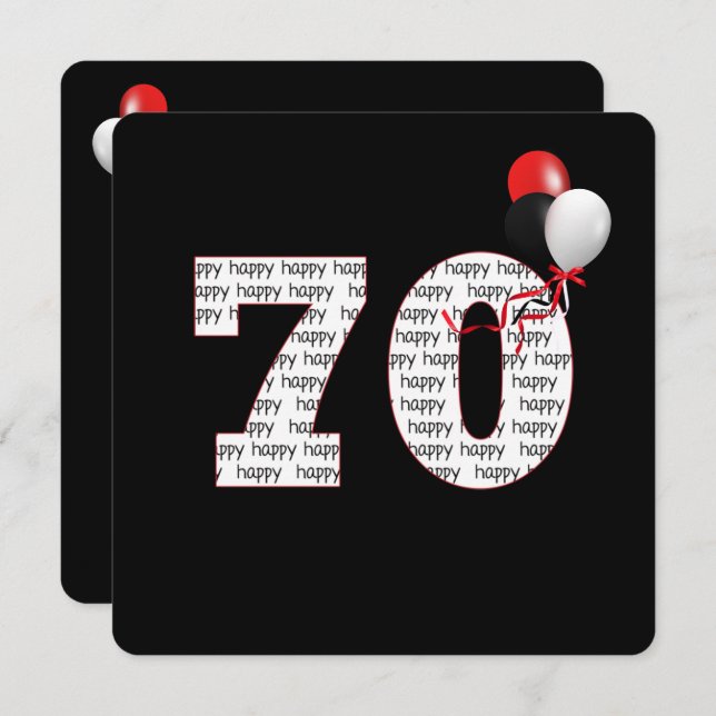 Lycklig 70:e födelsedag på svart inbjudan (Fram/baksida)
