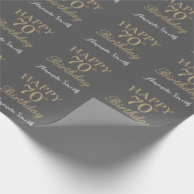 Lycklig 70:e födelsedagen Guld Glitter och Grått Presentpapper (Hörn)