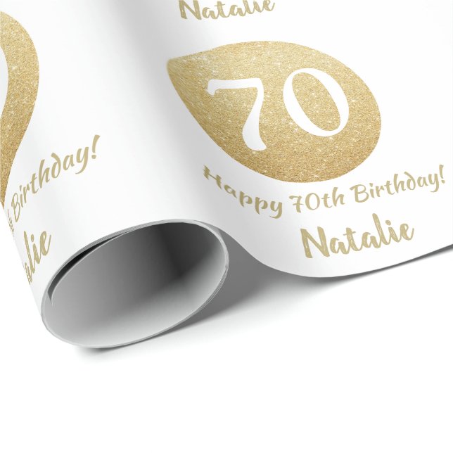 Lycklig 70:e födelsedagen Guld Glitter och vit Presentpapper (Rullad Hörn)
