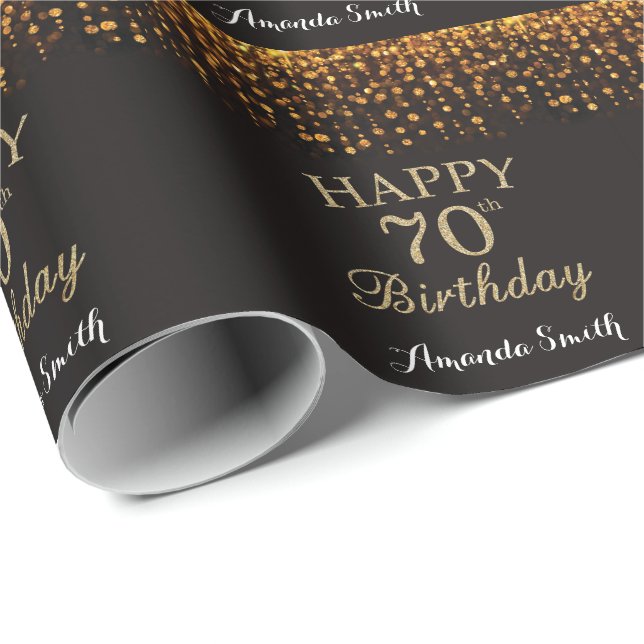 Lycklig 70:e födelsedagen Svarta och Guld Glitter Presentpapper (Rullad Hörn)