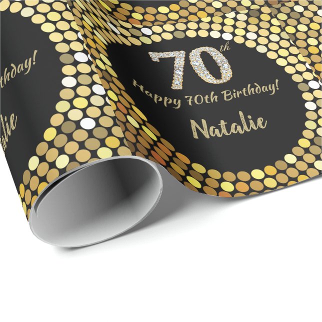 Lycklig 70:e födelsedagen Svarta och Guld Glitter Presentpapper (Rullad Hörn)