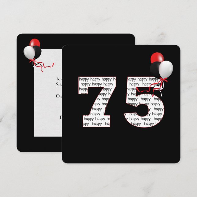 Lycklig 75:e födelsedag på svart inbjudan (Fram/baksida)