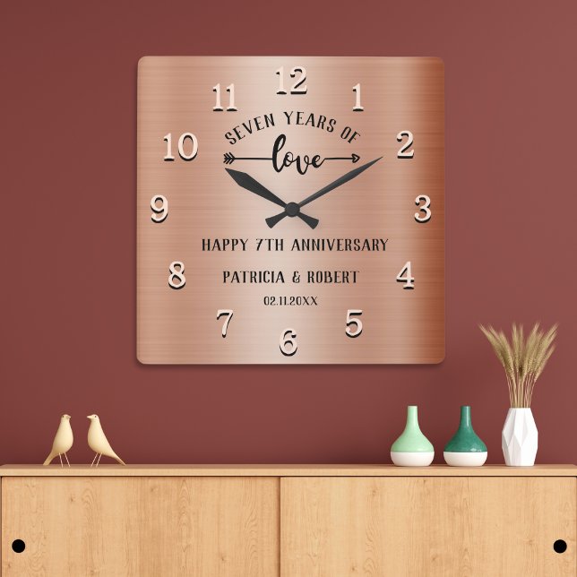 Lycklig 7:e-Bröllop-årsdagen för tioårsfirandet av Fyrkantig Klocka (Happy 7th Wedding Anniversary Copper Anniversary Square Wall Clock)