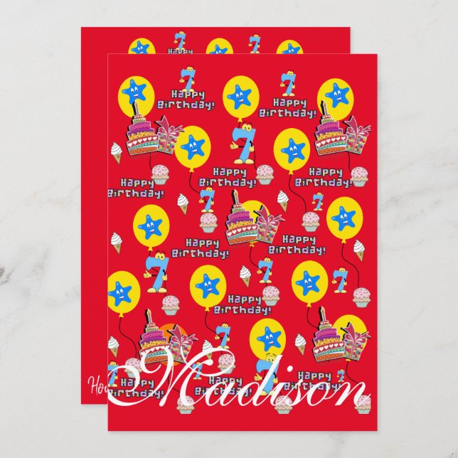 Lycklig 7:e födelsedag: födelsedag #7 Röd Inbjudningar (Fram/baksida)