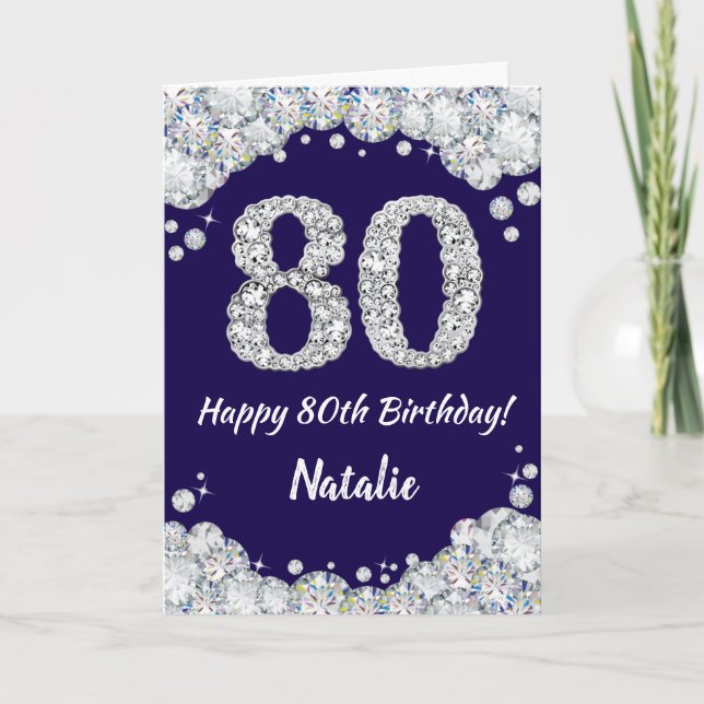 Lycklig 80:e födelsedag Blått och Silver Glitter Kort (Framsida)