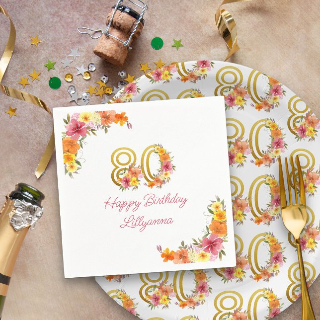 Lycklig 80:e födelsedagen Blommigt Guld nummer 80  Pappersservett (80th Birthday Party Napkins from my Floral Number Birthday Party Collection)