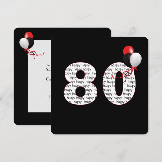 Lycklig 80:e födelsedagen efter svartvit inbjudan (Fram/baksida)