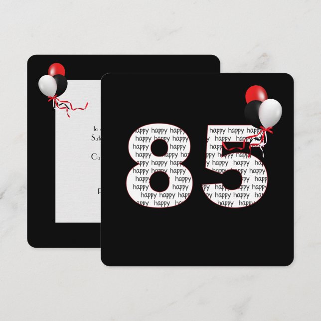 Lycklig 85:e födelsedagen den svarta inbjudan (Fram/baksida)
