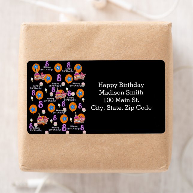 Lycklig 8:e födelsedag Adressetiketter, svart Fraktsedel (Insitu)