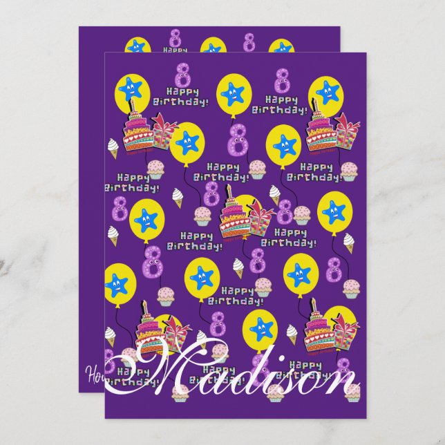 Lycklig 8:e födelsedag Födelsedag #8 Lila Inbjudningar (Fram/baksida)