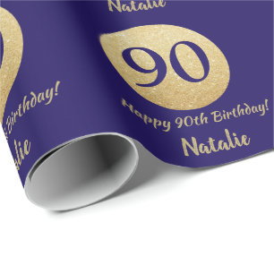 Lycklig 90:e födelsedag Blått och Guld Glitter Presentpapper