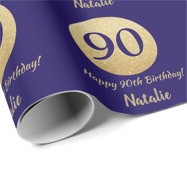 Lycklig 90:e födelsedag Blått och Guld Glitter Presentpapper (Rullad Hörn)