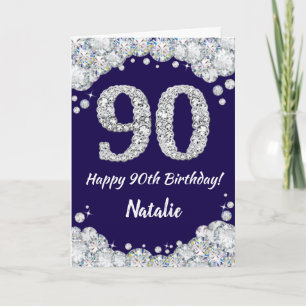 Lycklig 90:e födelsedag Blått och Silver Glitter Kort
