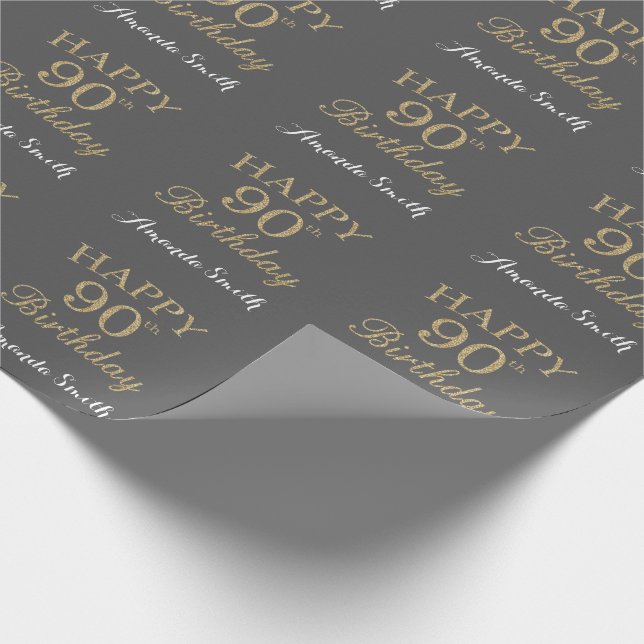 Lycklig 90:e födelsedag Guld Glitter och Grått Presentpapper (Hörn)