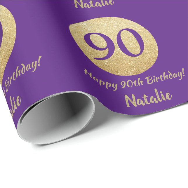 Lycklig 90:e födelsedag Lila och Guld Glitter Presentpapper (Rullad Hörn)