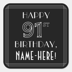 LYCKLIG 91:A BIRTHDAY; Art Deco Stil; anpassat nam Fyrkantigt Klistermärke