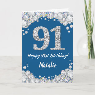 Lycklig 91:a födelsedagsblått och Silver Glitter-k Kort