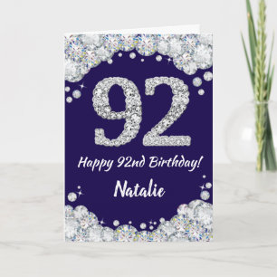 Lycklig 92:a födelsedag blått och Silver Glitter Kort