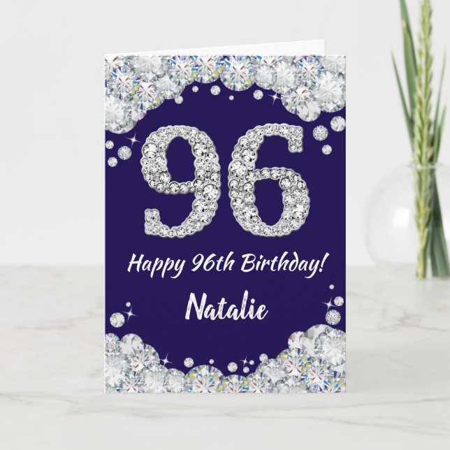 Lycklig 96:e födelsedag Blått och Silver Glitter Kort (Framsida)