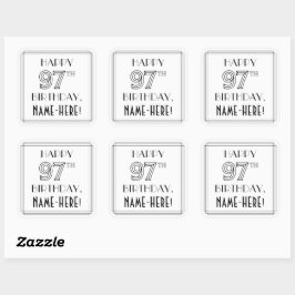 LYCKLIG 97:E BIRTHDAY, Art Deco Stil, anpassat nam Fyrkantigt Klistermärke